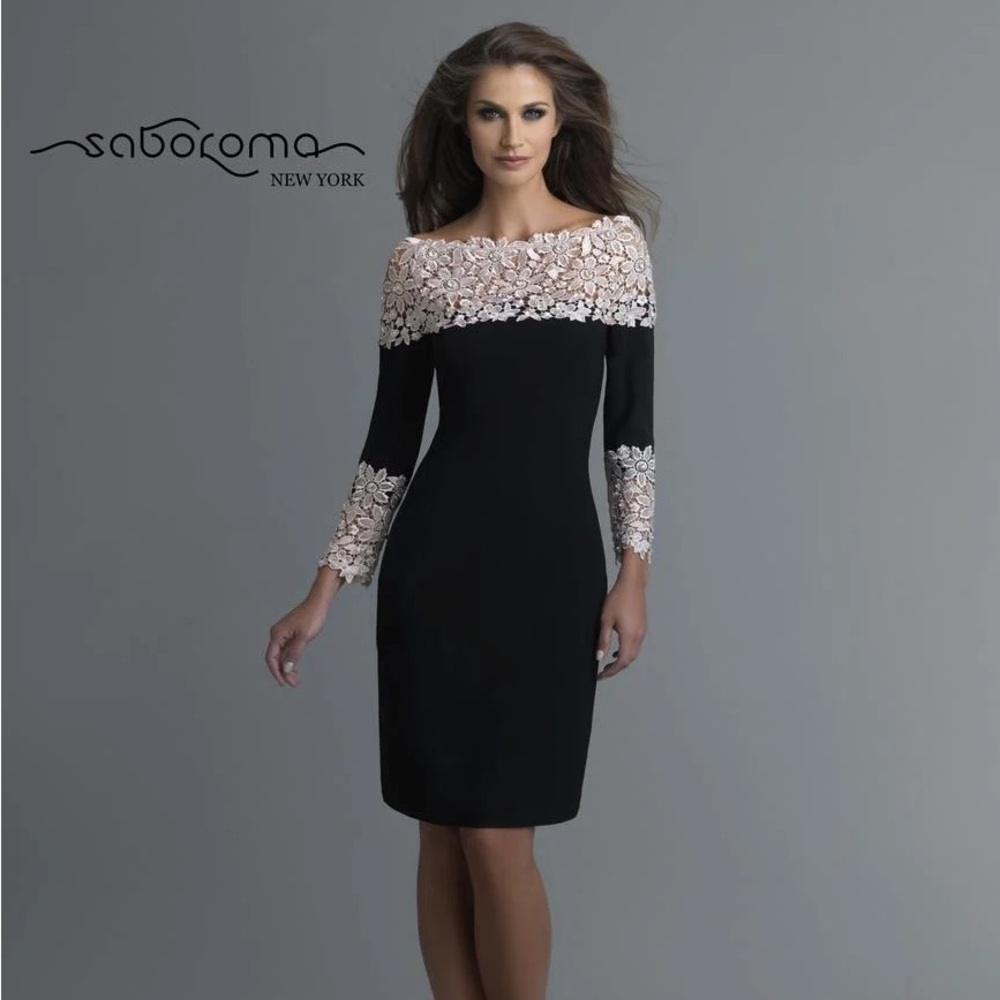 Saboroma New York #99619 Off-Shoulder Full Lace Sleeve Black Dress SZ:10 NWT